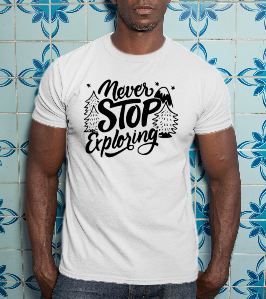 Never Stop Exploring Pine Trees Snowy Mountain Peak Stars T-Shirt