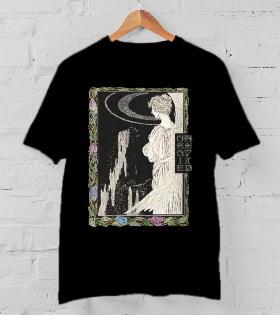 Angel Nouveau Unraveled Floral Frame Illustrative Art Winged Celestial Figure T-Shirt