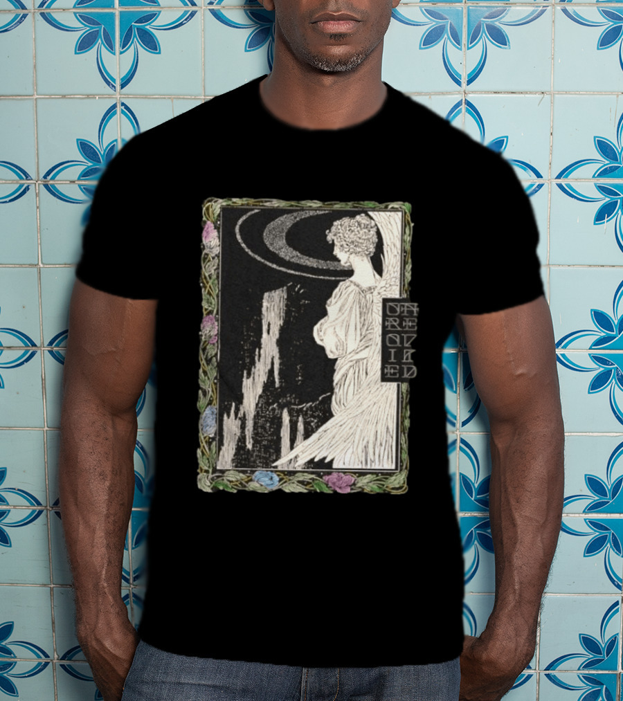 Angel Nouveau Unraveled Floral Frame Illustrative Art Winged Celestial Figure T-Shirt