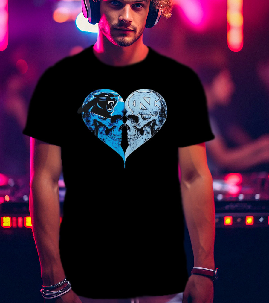 Carolina Panthers North Carolina Tar Heels Skulls Face To Face Heart Shape T-Shirt