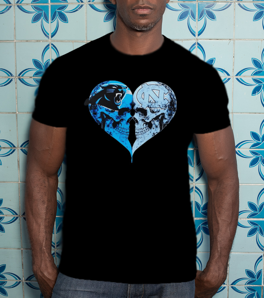 Carolina Panthers North Carolina Tar Heels Skulls Face To Face Heart Shape T-Shirt