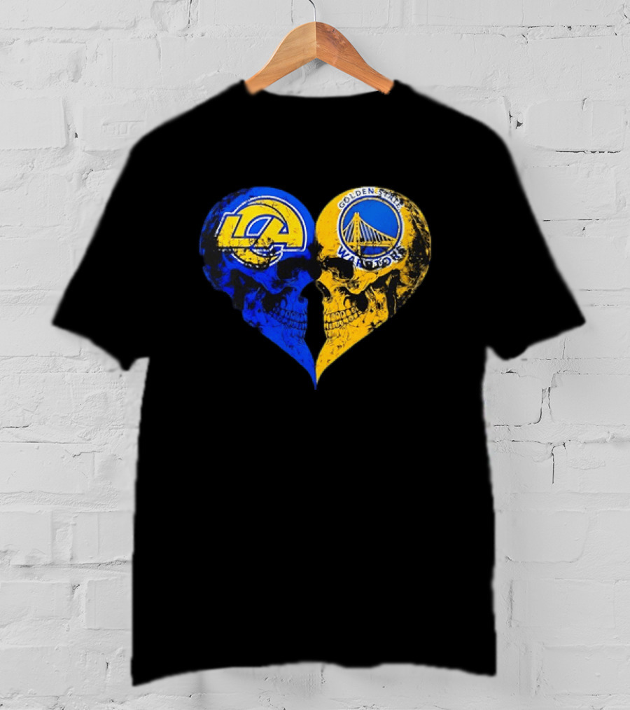 Los Angeles Rams Golden State Warriors Heart Shaped Skulls Distressed T-Shirt