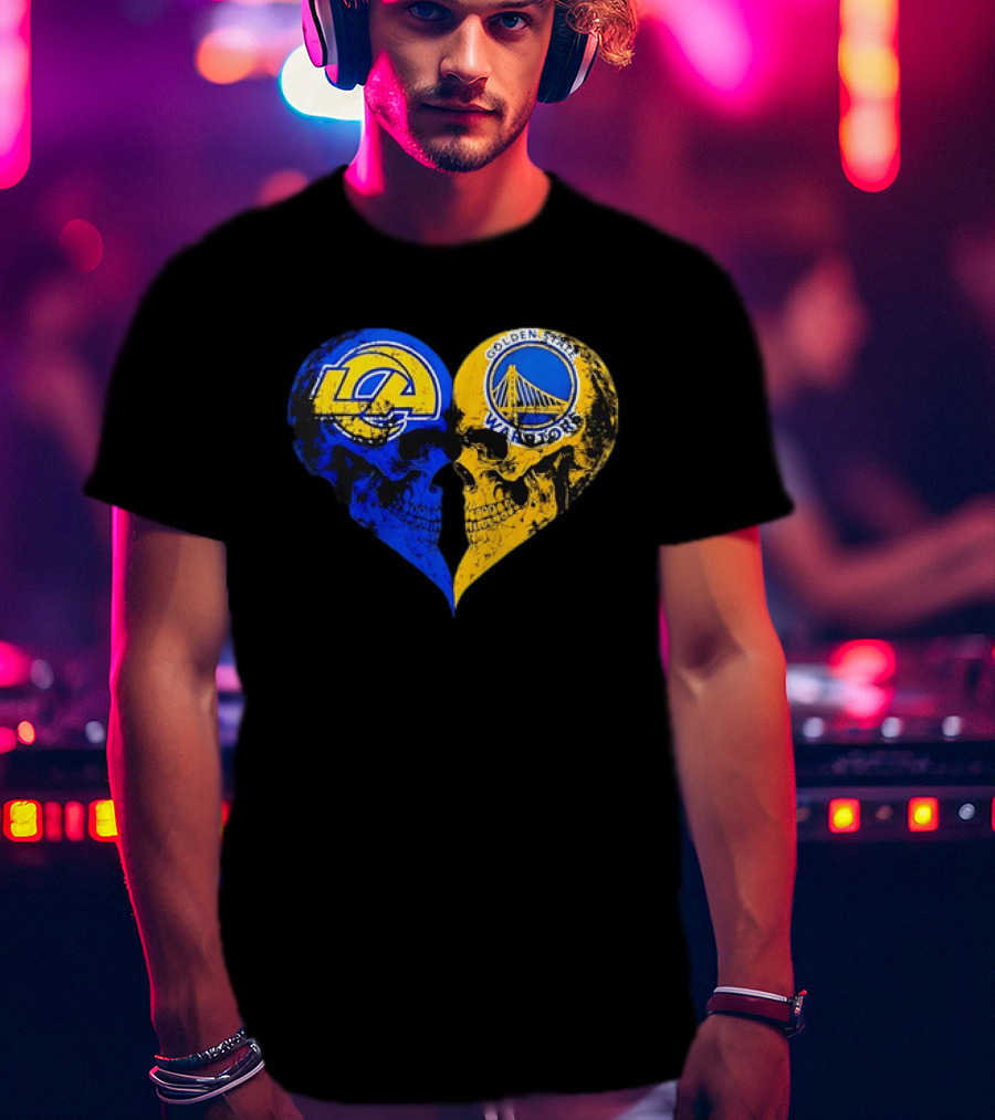 Los Angeles Rams Golden State Warriors Heart Shaped Skulls Distressed T-Shirt