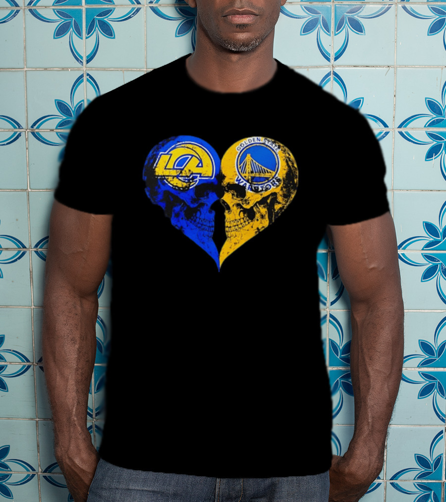 Los Angeles Rams Golden State Warriors Heart Shaped Skulls Distressed T-Shirt
