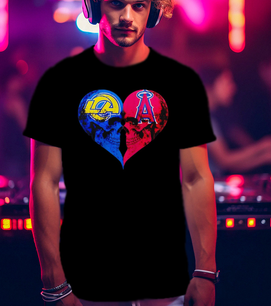 Los Angeles Rams Vs Los Angeles Angels Skulls Heart Face To Face Distressed T-Shirt