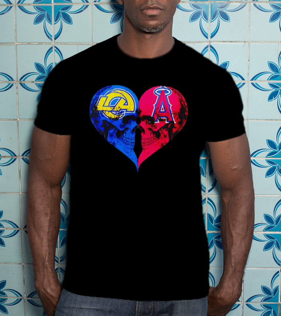 Los Angeles Rams Vs Los Angeles Angels Skulls Heart Face To Face Distressed T-Shirt