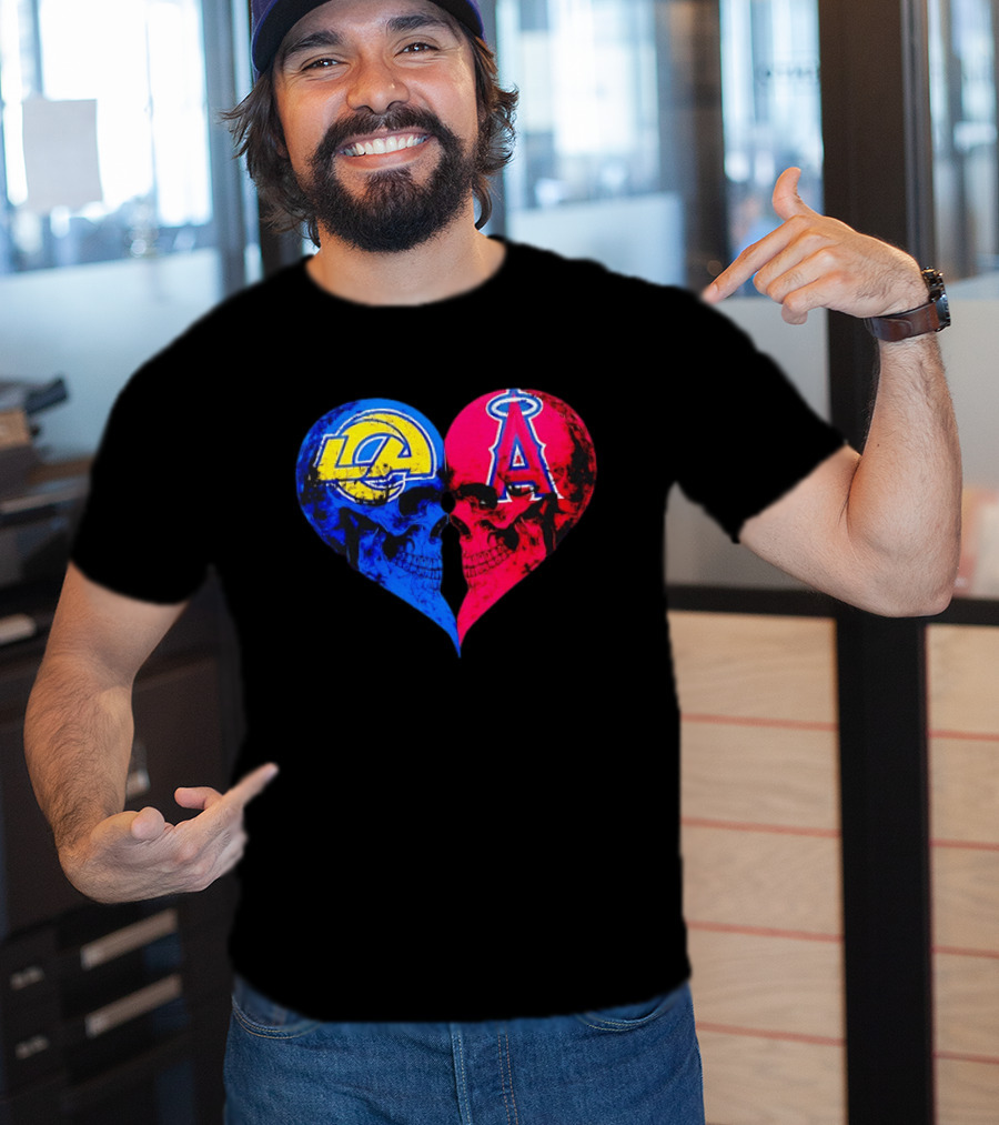 Los Angeles Rams Vs Los Angeles Angels Skulls Heart Face To Face Distressed T-Shirt