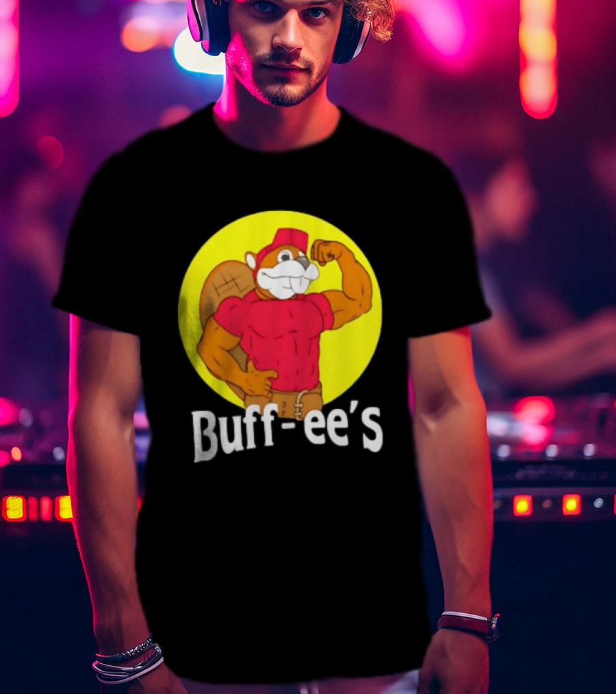 Buff Ee's Strong Muscular Beaver Character In Red Outfit T-Shirt