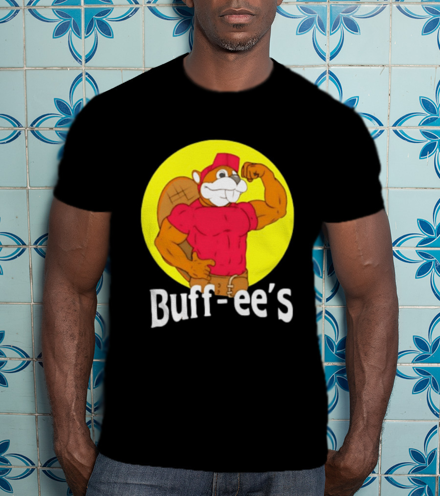 Buff Ee's Strong Muscular Beaver Character In Red Outfit T-Shirt