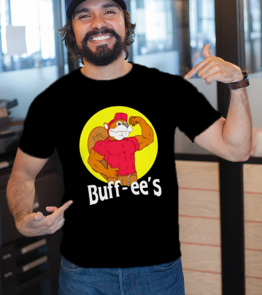 Buff Ee's Strong Muscular Beaver Character In Red Outfit T-Shirt