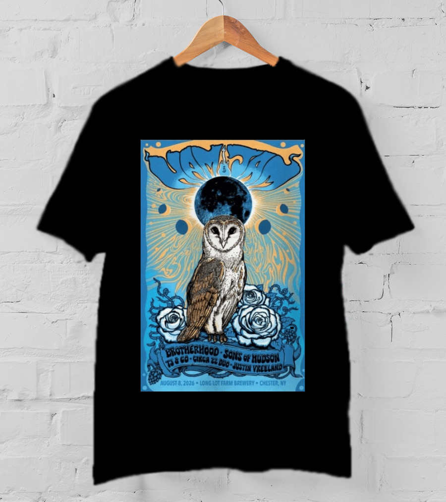 HamJam Festival August 8 2026 Owl And Roses Brotherhood Sons Of Hudson Long Lot Farm Brewery Chester NY T-Shirt