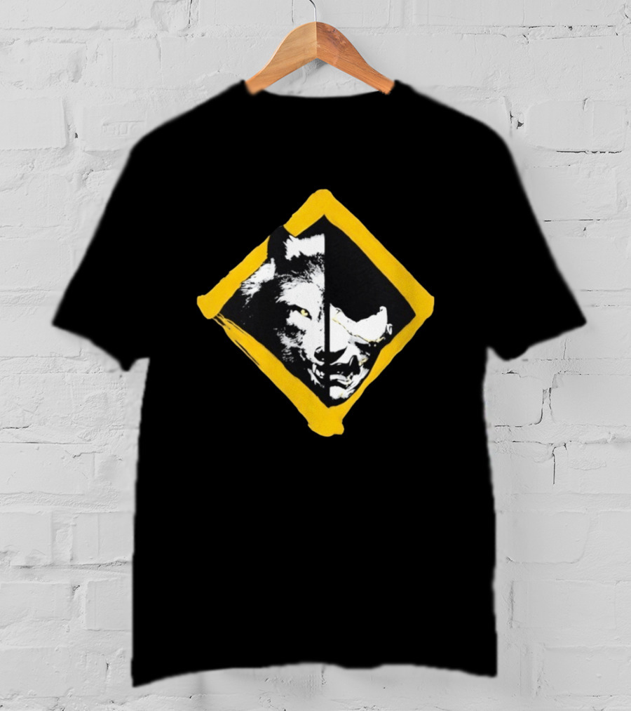 Wolf And Boar Split Face Diamond Yellow Border T-Shirt