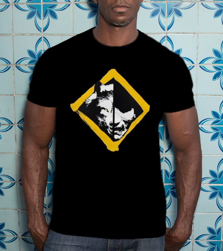 Wolf And Boar Split Face Diamond Yellow Border T-Shirt