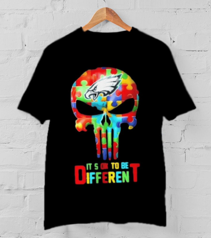 Philadelphia Eagles Skull Puzzle Autism Awareness It's Ok To Be Different T-Shirt