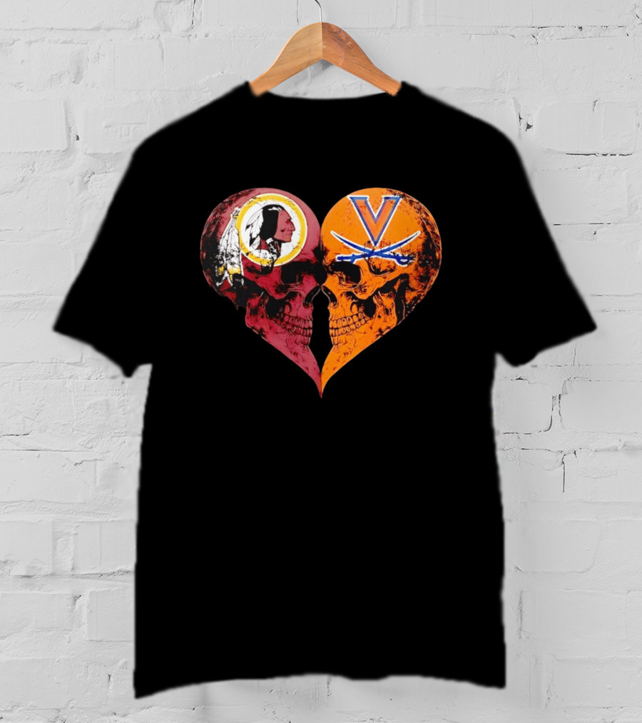 Washington Redskins Virginia Cavaliers Skulls Face To Face Heart Shape Distressed T-Shirt