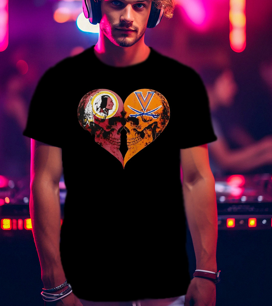 Washington Redskins Virginia Cavaliers Skulls Face To Face Heart Shape Distressed T-Shirt