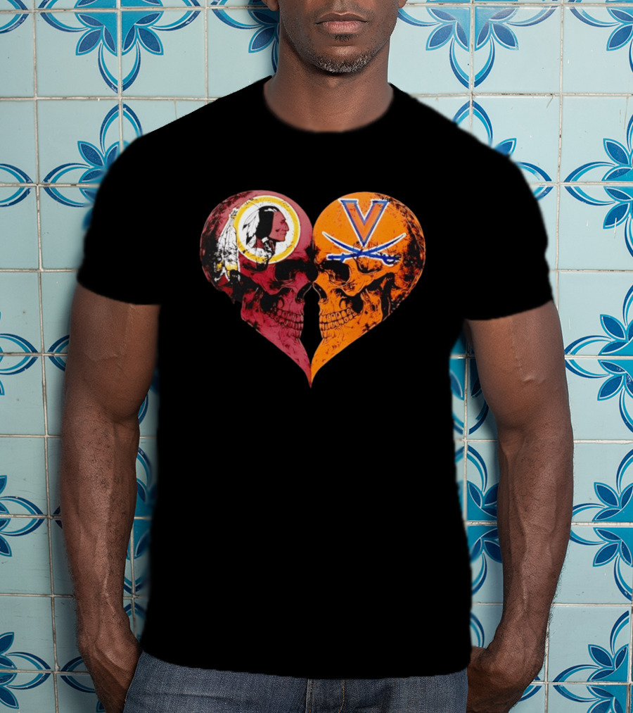 Washington Redskins Virginia Cavaliers Skulls Face To Face Heart Shape Distressed T-Shirt