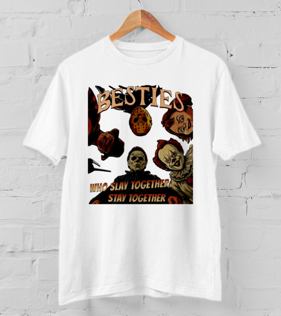 BESTIES Horror Movie Characters Mask Iconic Slayers Pennywise Knife Doll Together T-Shirt