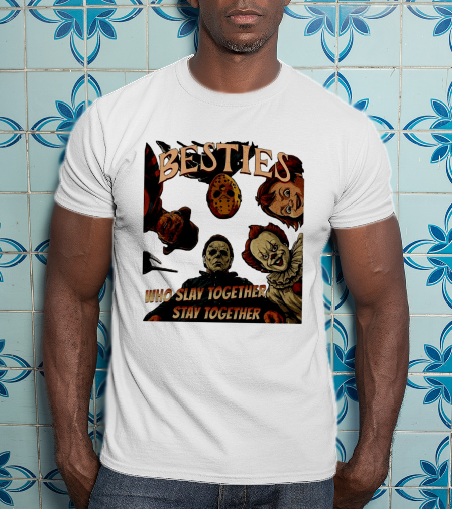 BESTIES Horror Movie Characters Mask Iconic Slayers Pennywise Knife Doll Together T-Shirt
