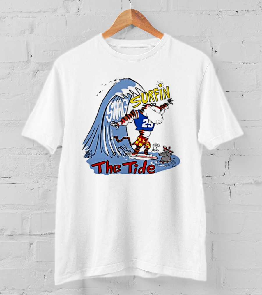 Classic Alabama Gameday Surfin The Tide Tiger In Red Flower Shorts Riding Wave T-Shirt