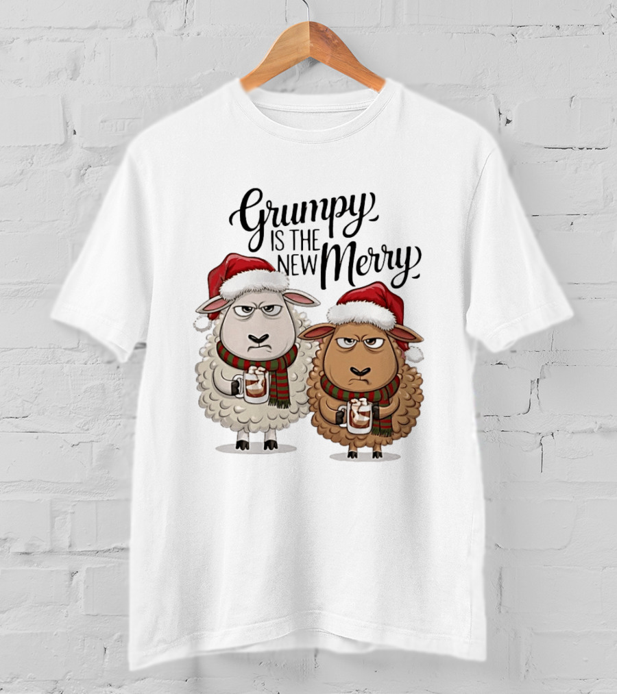 Grumpy Is The New Merry Christmas Sheep Santa Hat Holiday Humor T-Shirt