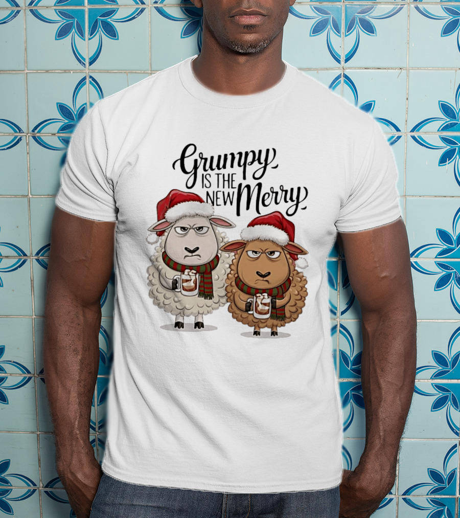 Grumpy Is The New Merry Christmas Sheep Santa Hat Holiday Humor T-Shirt