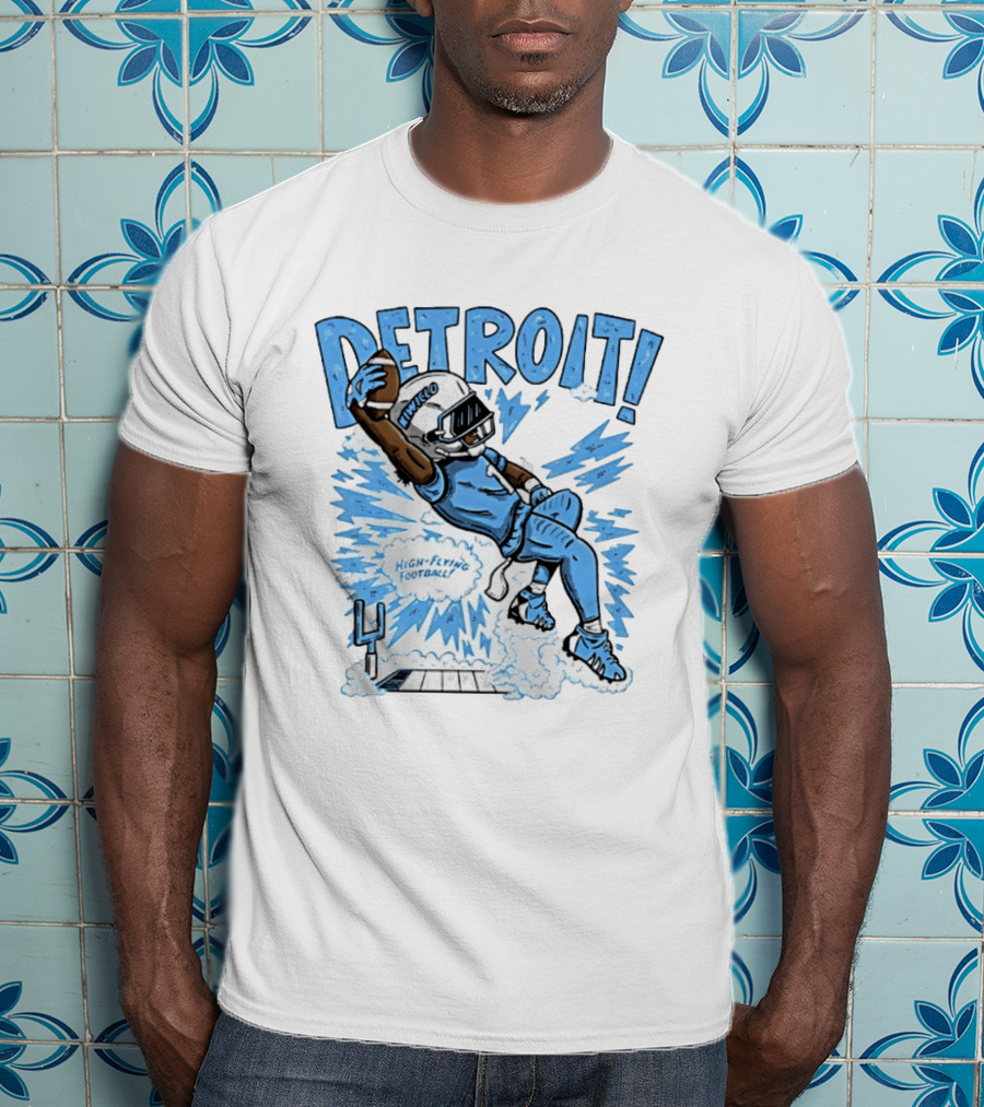 Detroit Lions High Flying Football Dynamic Catch Comic T-Shirt