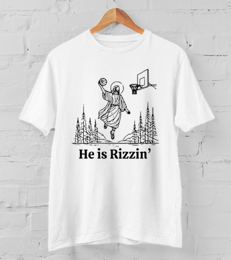 He Is Rizzin Basketball Angel Easter Forest Scene T-Shirt