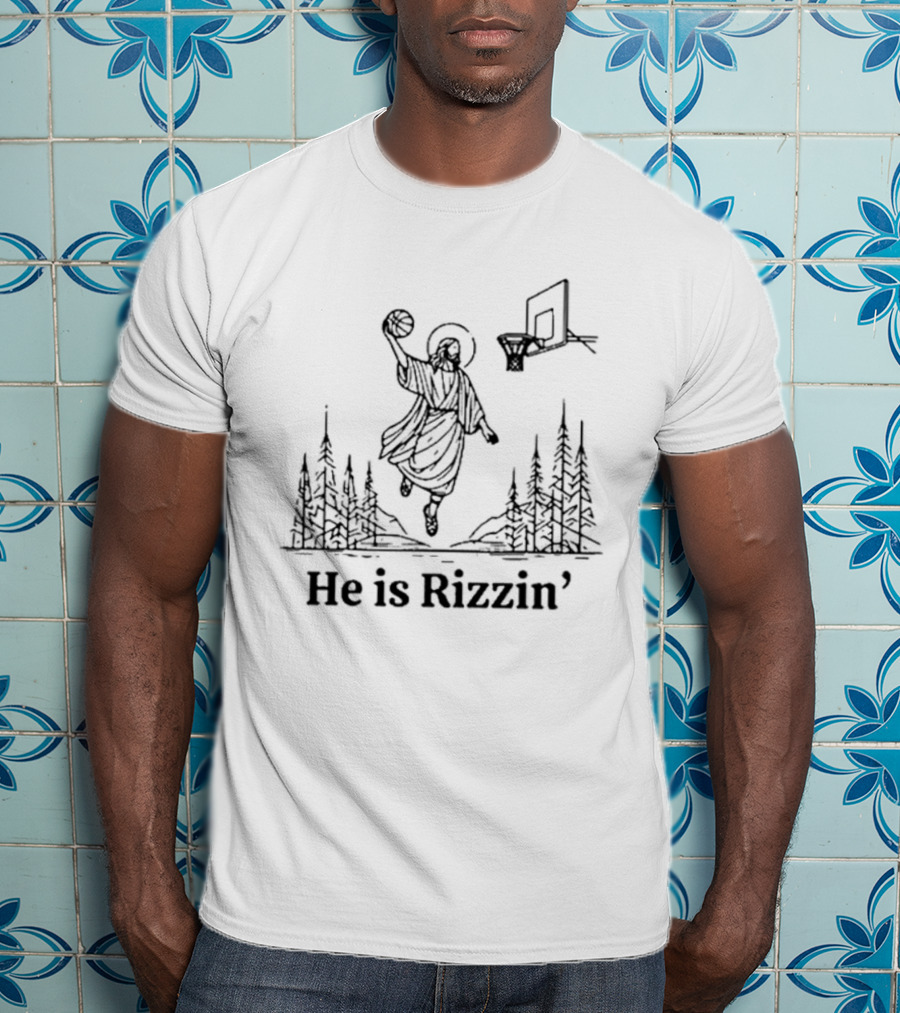 He Is Rizzin Basketball Angel Easter Forest Scene T-Shirt