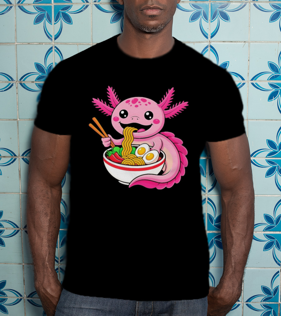Axolotl Eating Ramen Kawaii Style With Chopsticks And Eggs T-Shirt