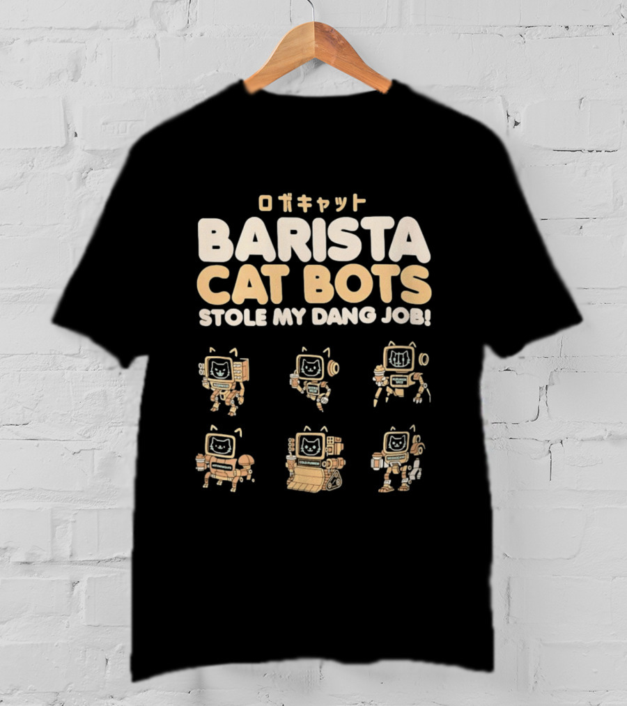Barista Cat Bots Stole My Dang Job Retro Robot Cats Japanese T-Shirt