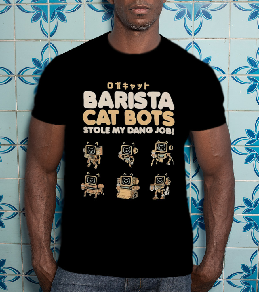Barista Cat Bots Stole My Dang Job Retro Robot Cats Japanese T-Shirt