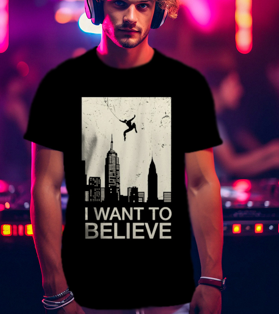 Friking I Want To Believe Swinging Hero Cityscape T-Shirt