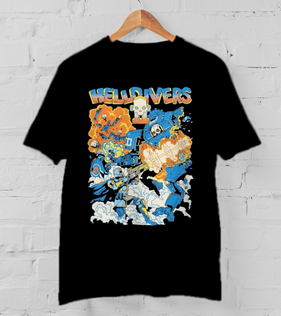 Helldivers Comic Style Explosive Battle Scene Skulls Robots Flames T-Shirt