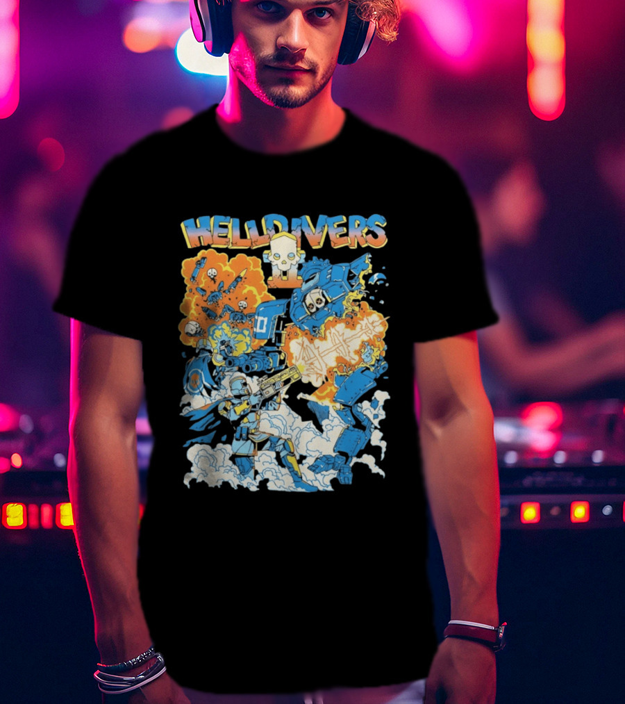 Helldivers Comic Style Explosive Battle Scene Skulls Robots Flames T-Shirt