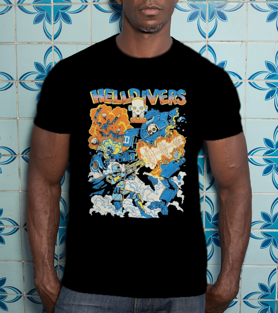 Helldivers Comic Style Explosive Battle Scene Skulls Robots Flames T-Shirt