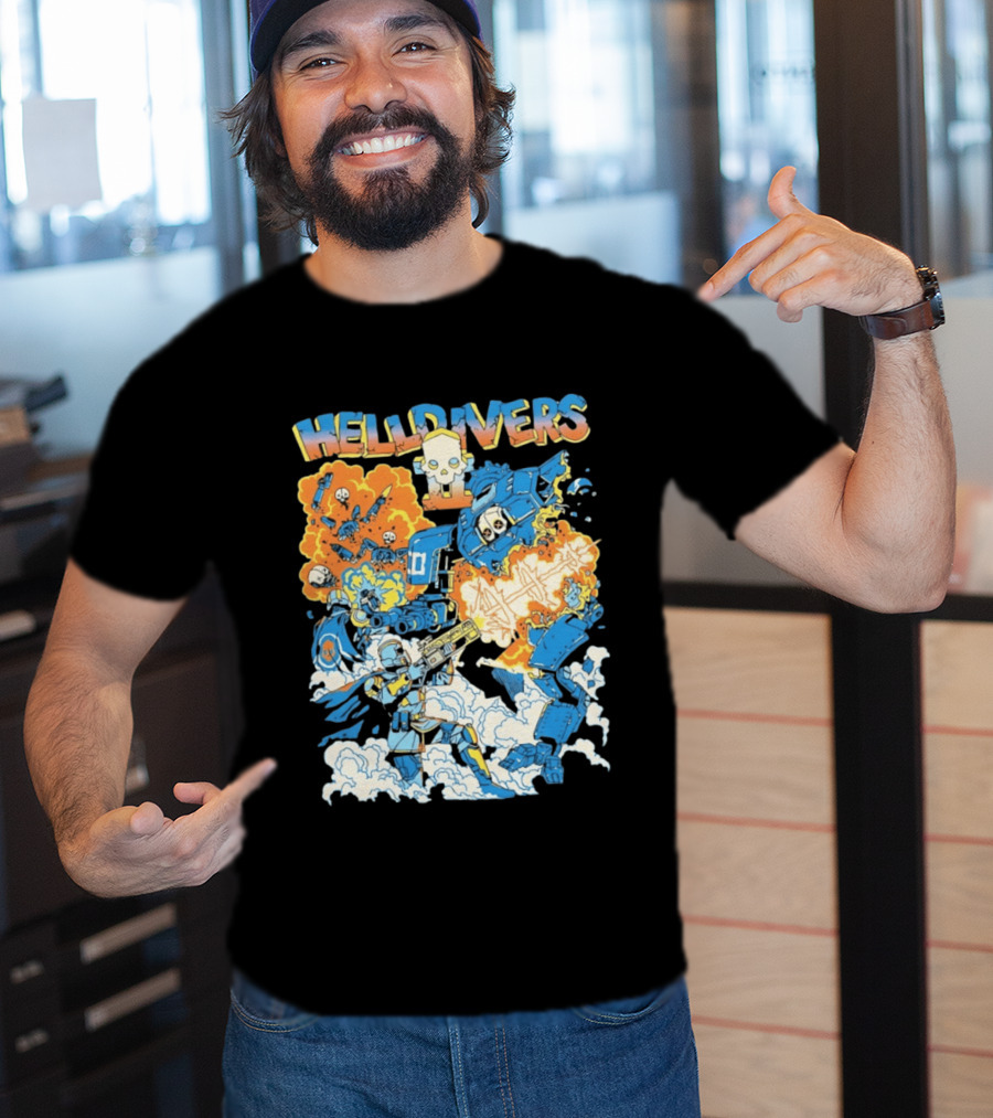 Helldivers Comic Style Explosive Battle Scene Skulls Robots Flames T-Shirt