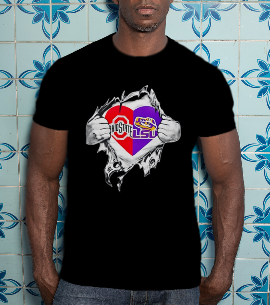 Ohio State LSU Heart Ripped Open Fan T-Shirt