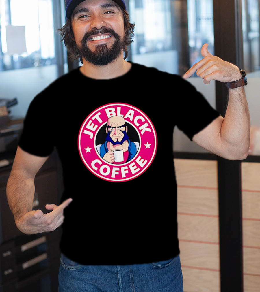 Jet Black Coffee Stern Man Holding T-Shirt