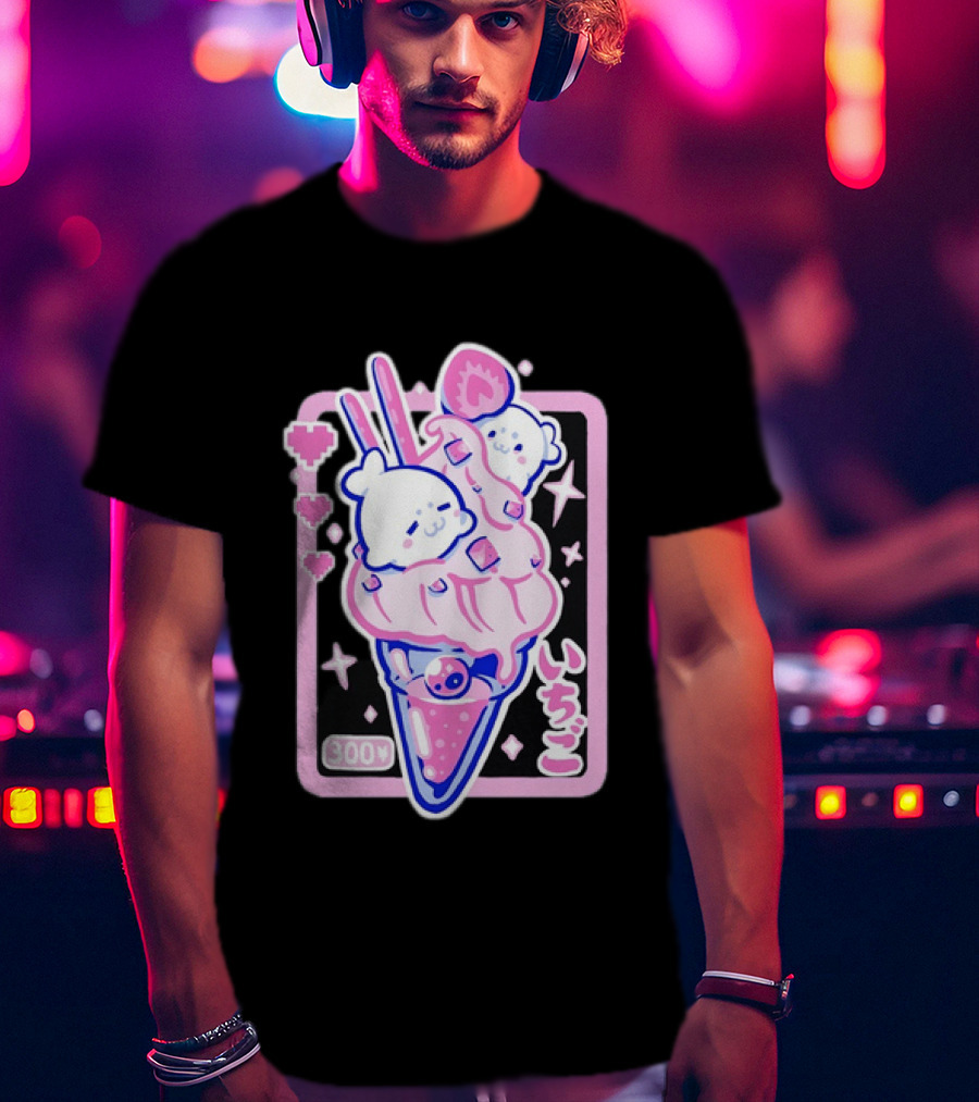 Kawaii Strawberry Ice Cream With Seals And 300 Yen Cute Hearts T-Shirt
