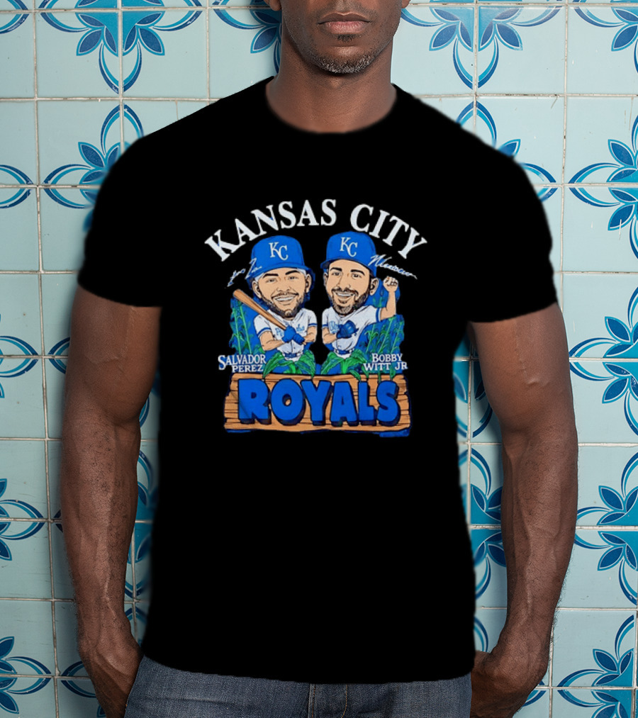 Kansas City Royals Salvador Perez Bobby Witt Jr Cartoon Baseball T-Shirt