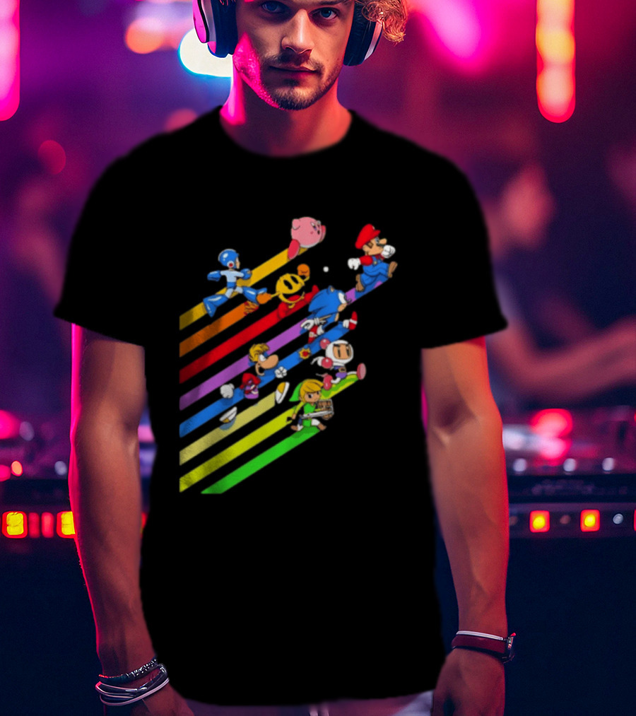 Legends Gaming Mario Pac Man Mega Man Sonic Link Kirby Bomberman Rayman Characters T-Shirt