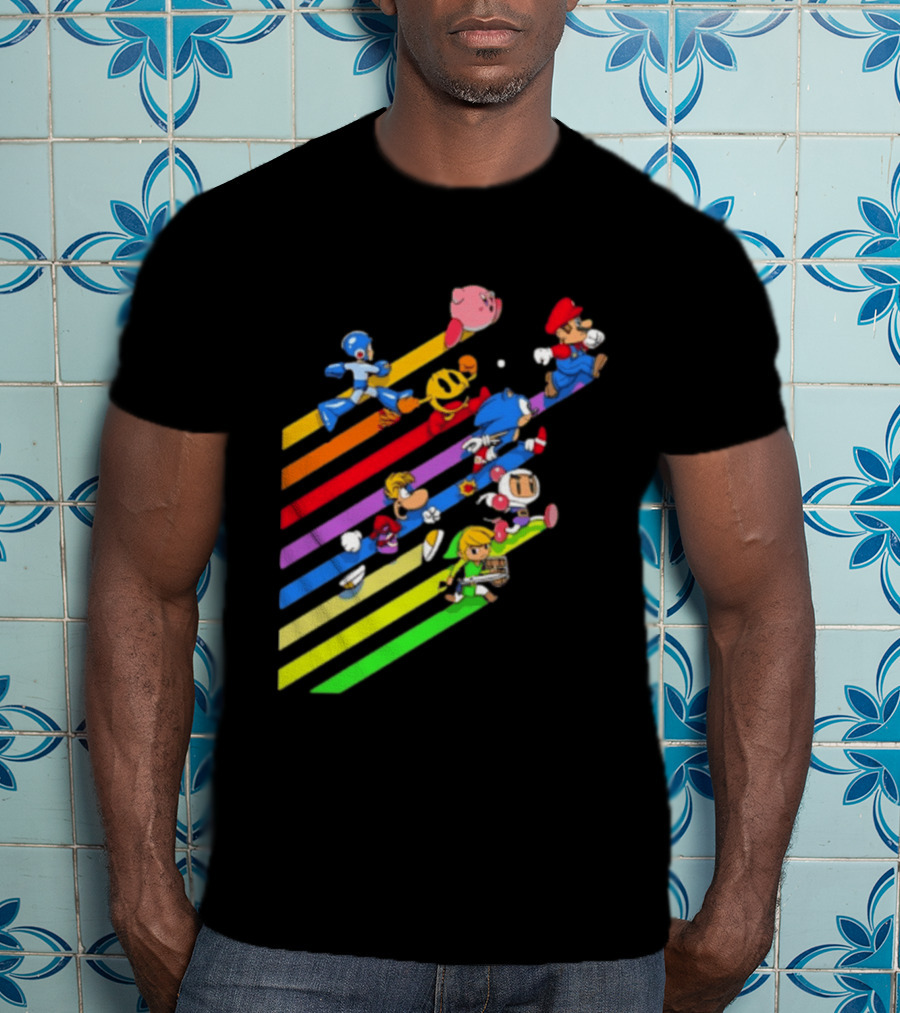 Legends Gaming Mario Pac Man Mega Man Sonic Link Kirby Bomberman Rayman Characters T-Shirt