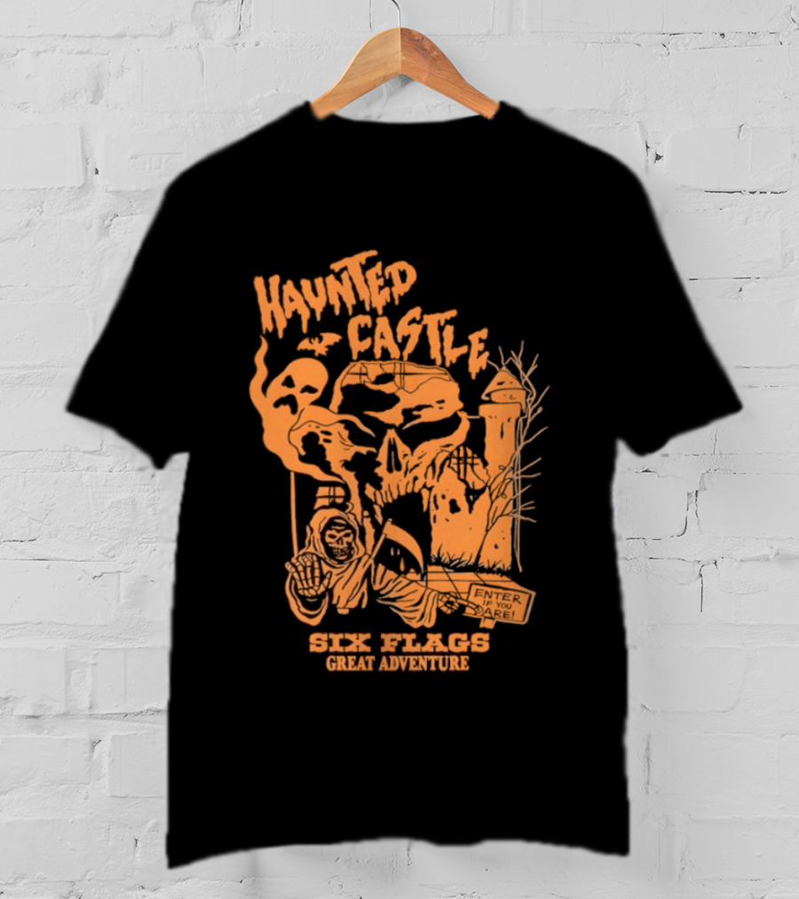 Six Flags Great Adventure Haunted Castle Enter If You Dare Spooky Skeleton And Ghosts T-Shirt
