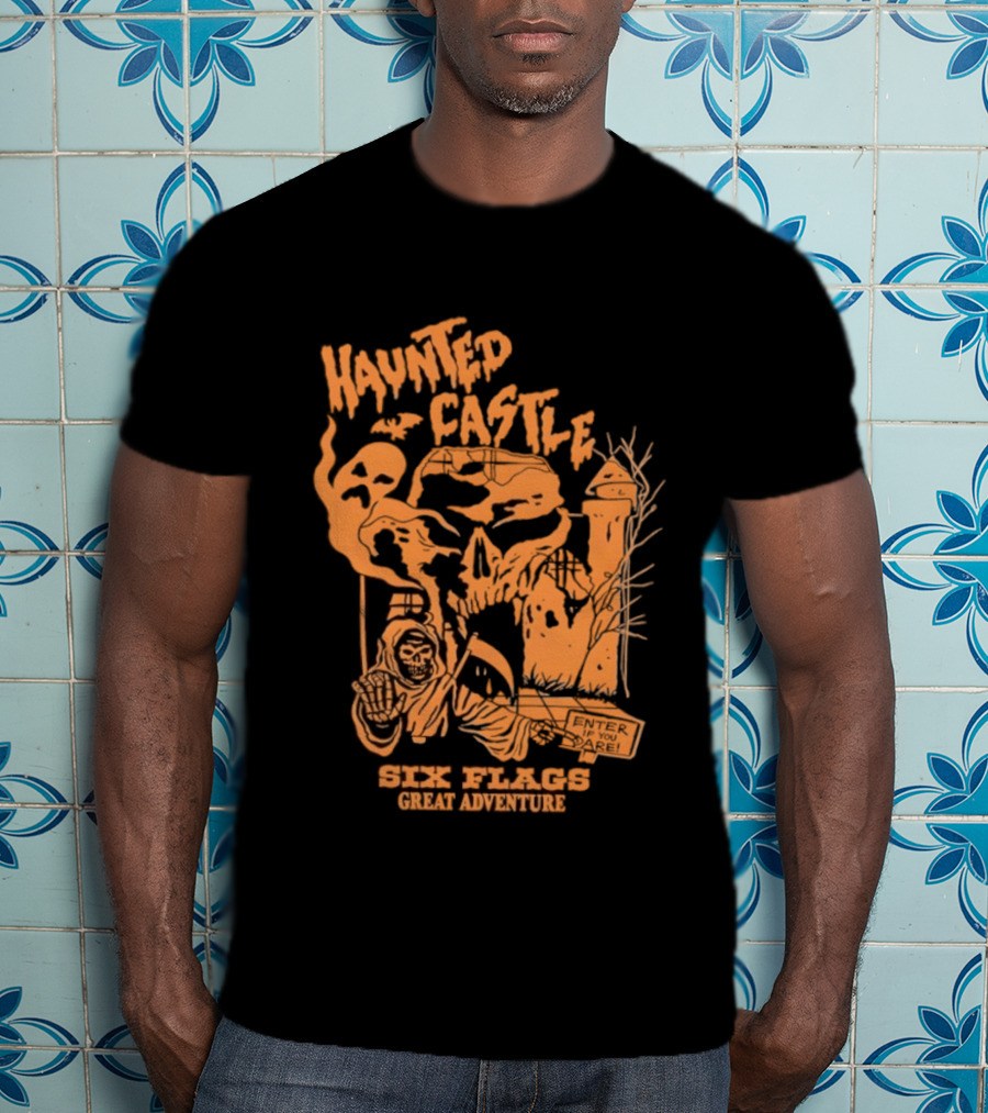 Six Flags Great Adventure Haunted Castle Enter If You Dare Spooky Skeleton And Ghosts T-Shirt