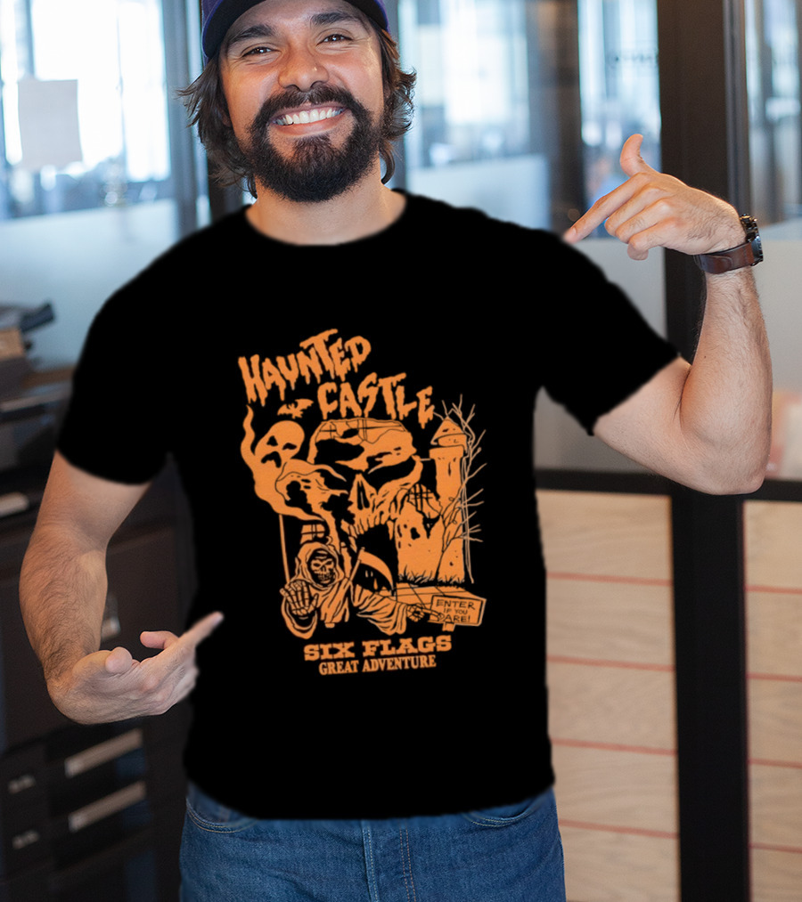 Six Flags Great Adventure Haunted Castle Enter If You Dare Spooky Skeleton And Ghosts T-Shirt