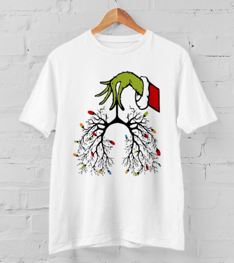 Christmas 2025 Nurse Lungs With Lights And Green Hand Santa Sleeve T-Shirt