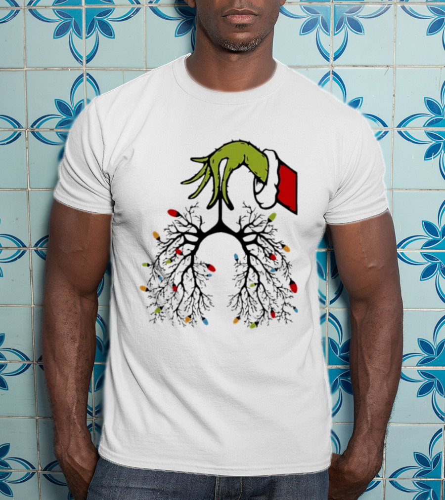 Christmas 2025 Nurse Lungs With Lights And Green Hand Santa Sleeve T-Shirt
