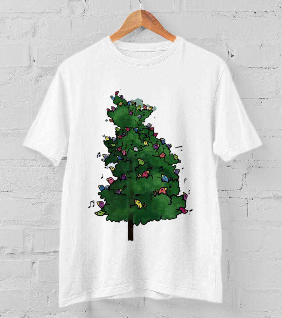 Colorful Singing Birds In Evergreen Tree With Musical Notes T-Shirt