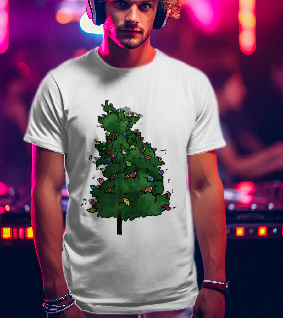 Colorful Singing Birds In Evergreen Tree With Musical Notes T-Shirt
